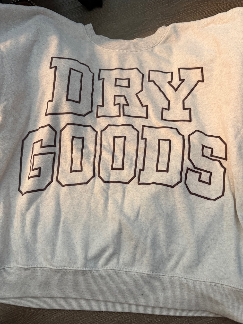 Dry Goods Light Gray Crewneck Sweatshirt with Dark Brown Outlined Logo
